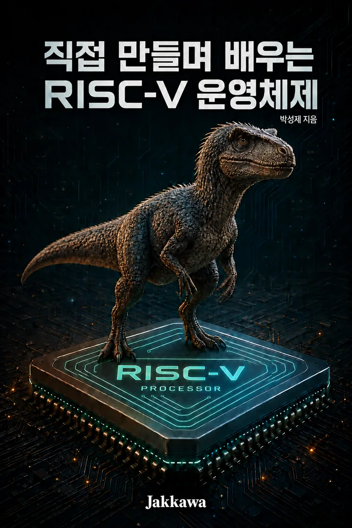 RISC-V 칩 위의 공룡이 그려진 직접 만들며 배우는 RISC-V 운영체제 표지
